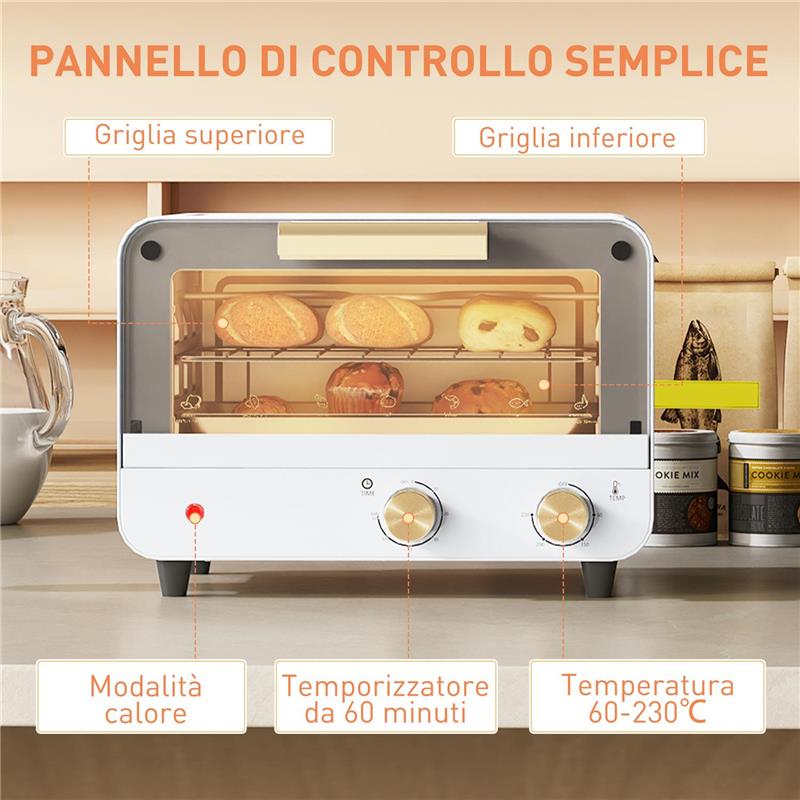 FORNETTO ELETTRICO 12L CON TIMER E TEMPERATURA REGOLABILE IN ACCIAIO E PLASTICA 31.5X27.7X22.7 CM BIANCO E ORO
