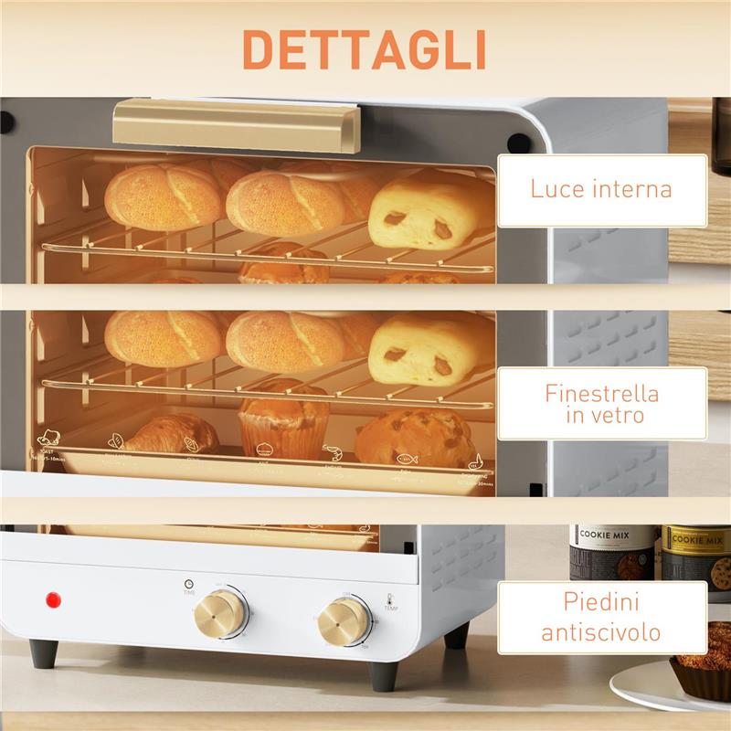 FORNETTO ELETTRICO 12L CON TIMER E TEMPERATURA REGOLABILE IN ACCIAIO E PLASTICA 31.5X27.7X22.7 CM BIANCO E ORO