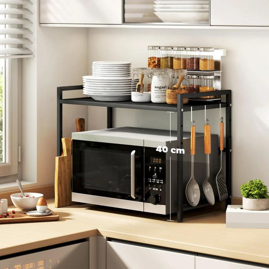 PORTA MICROONDE ESTENSIBILE A 2 LIVELLI CON 3 GANCI, IN METALLO, 39.5-64X32X47.5 CM, NERO