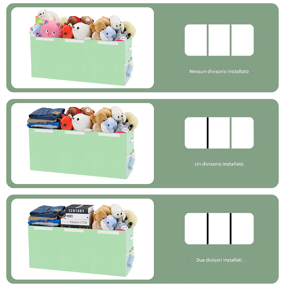 Contenitore Box 3 Scomparti Verde Scatola Cesta Giocattoli Organizer Multiuso