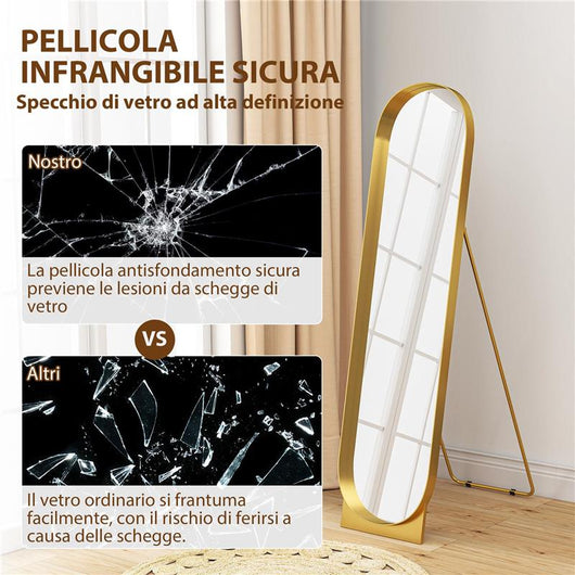 SPECCHIO DA TERRA MODERNO CON TELAIO IN METALLO AUTOPORTANTE O DA PARETE, 40X150 CM, ORO
