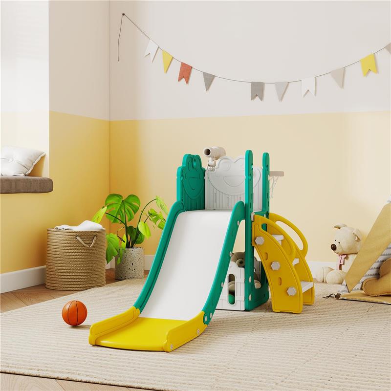 SET SCIVOLO PER BAMBINI 5 IN 1 CON CANESTRO, SCALETTA E TELESCOPIO GIOCATTOLO, ETÀ 1-3 ANNI, GIALLO