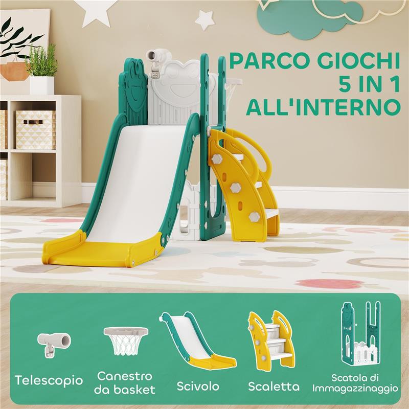 SET SCIVOLO PER BAMBINI 5 IN 1 CON CANESTRO, SCALETTA E TELESCOPIO GIOCATTOLO, ETÀ 1-3 ANNI, GIALLO