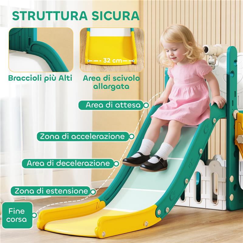 SET SCIVOLO PER BAMBINI 5 IN 1 CON CANESTRO, SCALETTA E TELESCOPIO GIOCATTOLO, ETÀ 1-3 ANNI, GIALLO