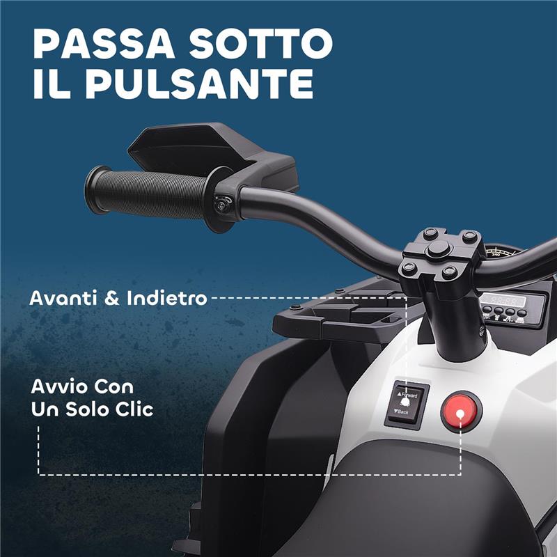 QUAD ELETTRICO PER BAMBINI 3-5 ANNI A 12V CON FARI E PEDALE, PRESA USB PER MUSICA, BIANCO