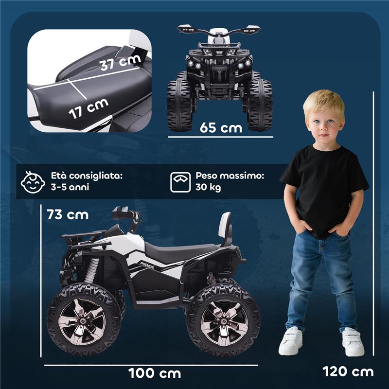 QUAD ELETTRICO PER BAMBINI 3-5 ANNI A 12V CON FARI E PEDALE, PRESA USB PER MUSICA, BIANCO