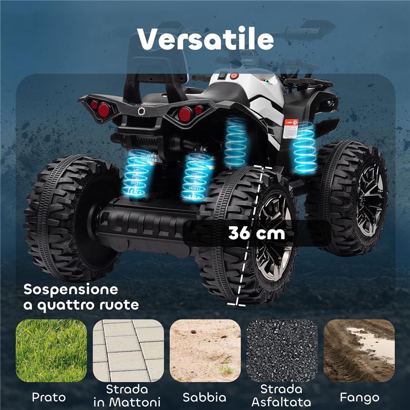 QUAD ELETTRICO PER BAMBINI 3-5 ANNI A 12V CON FARI E PEDALE, PRESA USB PER MUSICA, BIANCO