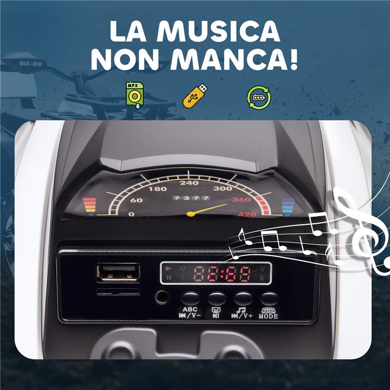 QUAD ELETTRICO PER BAMBINI 3-5 ANNI A 12V CON FARI E PEDALE, PRESA USB PER MUSICA, BIANCO