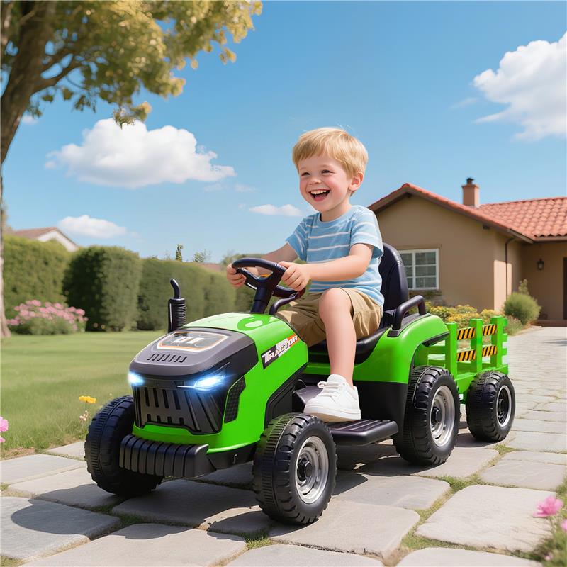 TRATTORE ELETTRICO PER BAMBINI CON RIMORCHIO STACCABILE E TELECOMANDO, IN PLASTICA E METALLO, 139X58X55 CM, VERDE