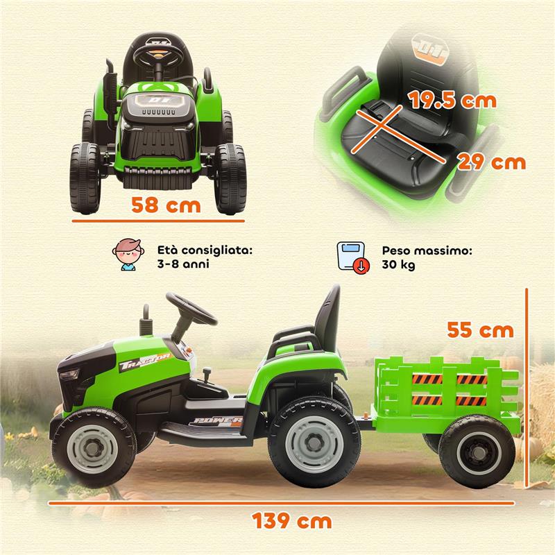 TRATTORE ELETTRICO PER BAMBINI CON RIMORCHIO STACCABILE E TELECOMANDO, IN PLASTICA E METALLO, 139X58X55 CM, VERDE