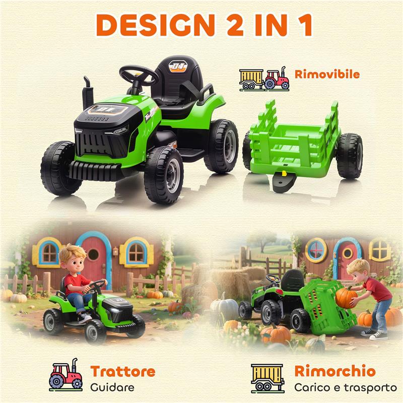 TRATTORE ELETTRICO PER BAMBINI CON RIMORCHIO STACCABILE E TELECOMANDO, IN PLASTICA E METALLO, 139X58X55 CM, VERDE