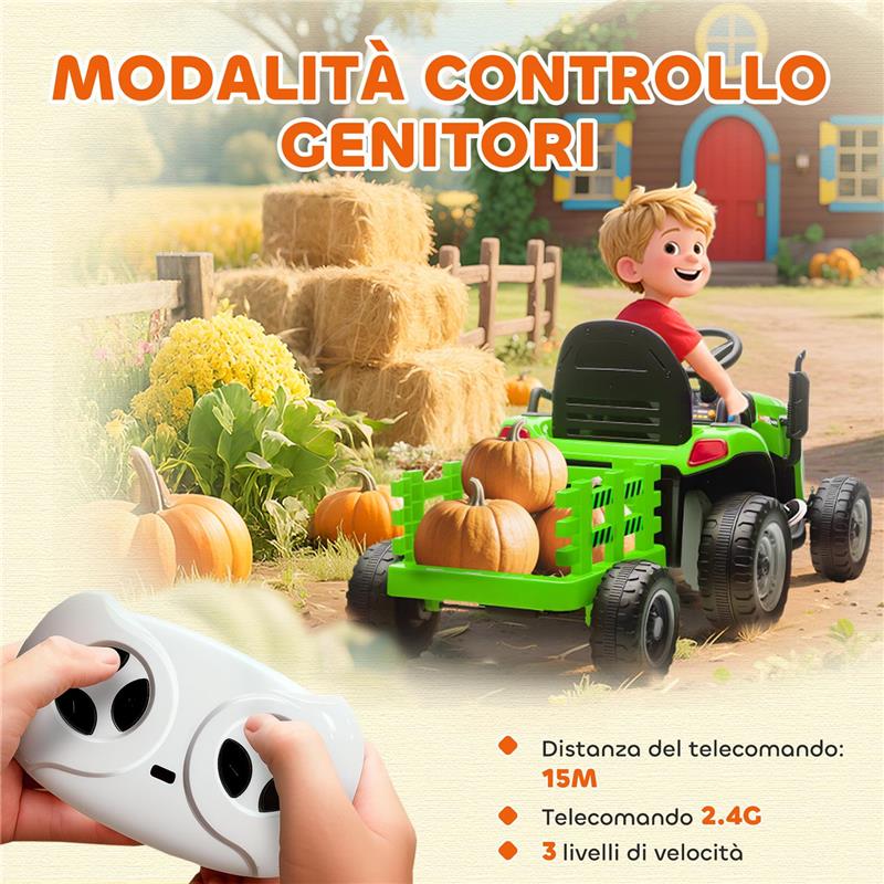 TRATTORE ELETTRICO PER BAMBINI CON RIMORCHIO STACCABILE E TELECOMANDO, IN PLASTICA E METALLO, 139X58X55 CM, VERDE