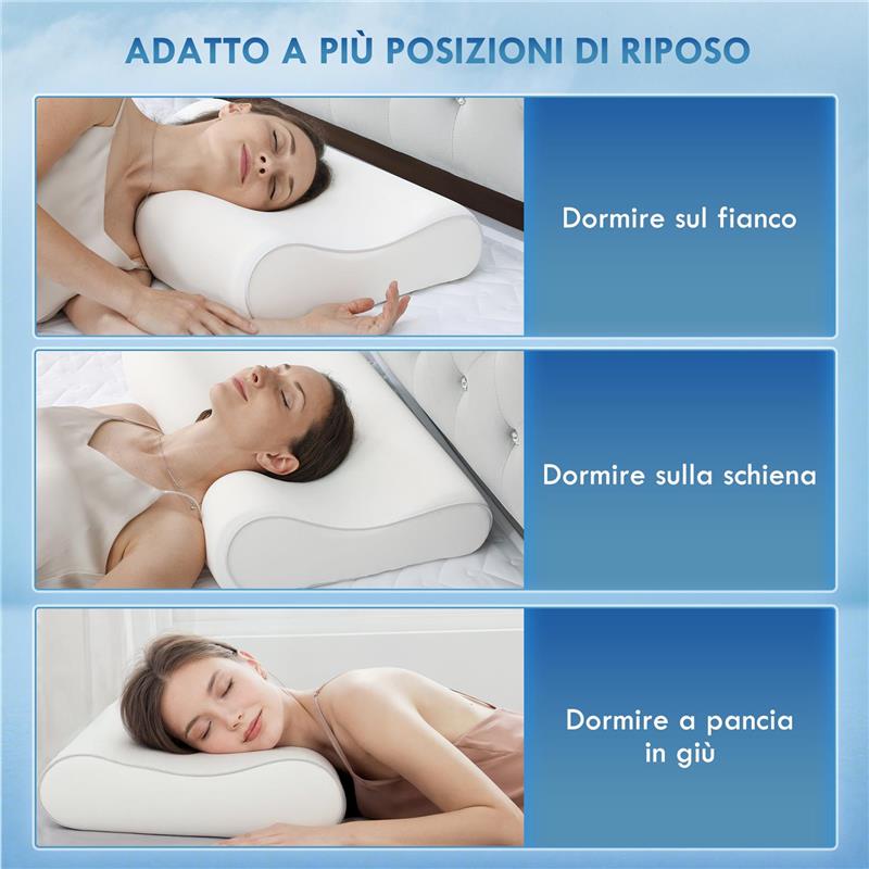 CUSCINO CERVICALE IN MEMORY FOAM A DOPPIA ALTEZZA CON COPERTURA RIMOVIBILE, 60X40X10/12 CM, BIANCO CREMA