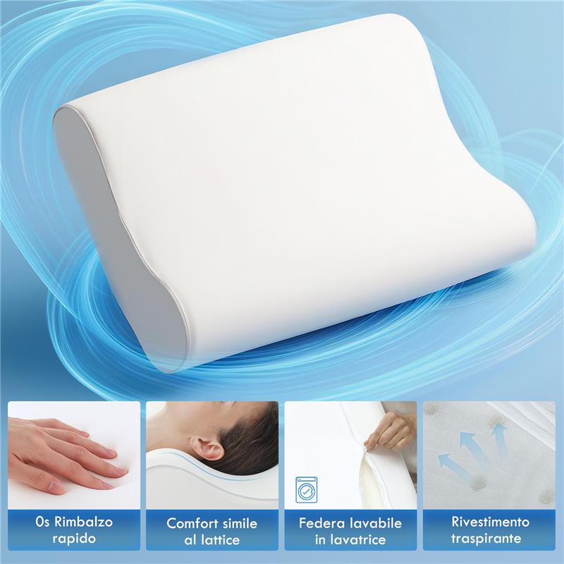 CUSCINO CERVICALE IN MEMORY FOAM A DOPPIA ALTEZZA CON COPERTURA RIMOVIBILE, 60X40X10/12 CM, BIANCO CREMA