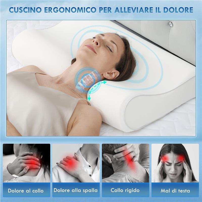 CUSCINO CERVICALE IN MEMORY FOAM A DOPPIA ALTEZZA CON COPERTURA RIMOVIBILE, 60X40X10/12 CM, BIANCO CREMA