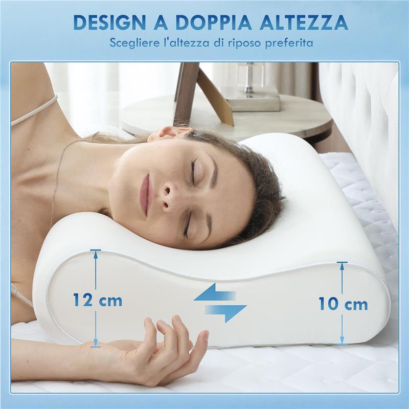 CUSCINO CERVICALE IN MEMORY FOAM A DOPPIA ALTEZZA CON COPERTURA RIMOVIBILE, 60X40X10/12 CM, BIANCO CREMA