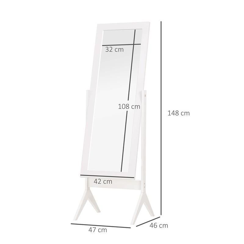 SPECCHIO A FIGURA INTERA CON 4 GAMBE E ANGOLAZIONE REGOLABILE, IN LEGNO E VETRO, 47X46X148 CM, BIANCO