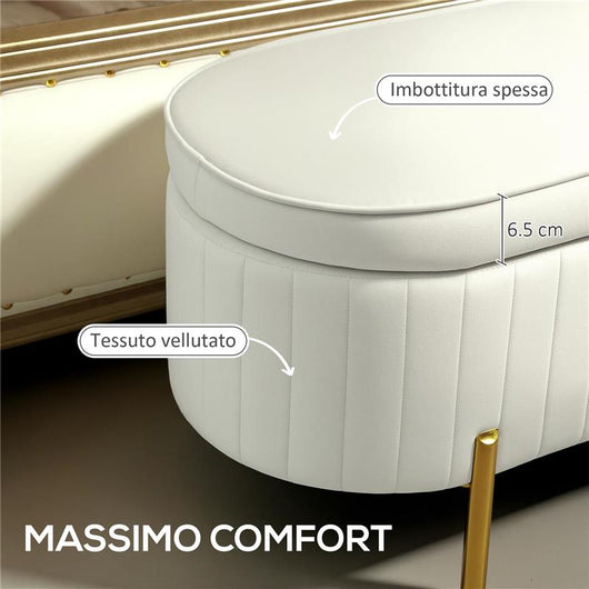 PANCA CONTENITORE OVALE DA 72L CON COPERCHIO SOLLEVABILE, IN TESSUTO VELLUTATO E LEGNO, 108X44X43.5 CM, CREMA