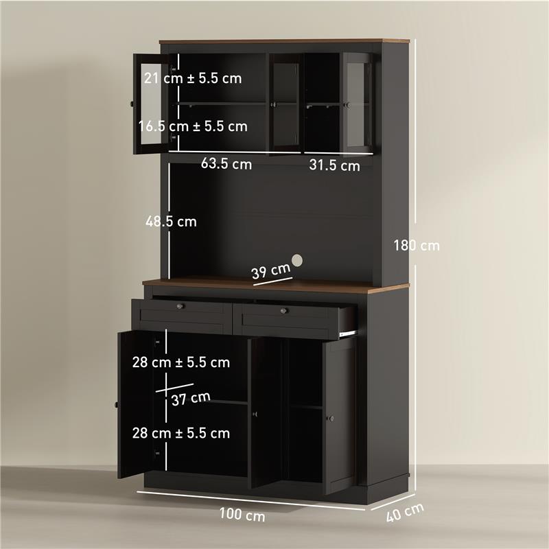 CREDENZA CUCINA ALTA CON 4 ARMADIETTI, 2 CASSETTI E PIANO CENTRALE, 100X40X180 CM, NERO