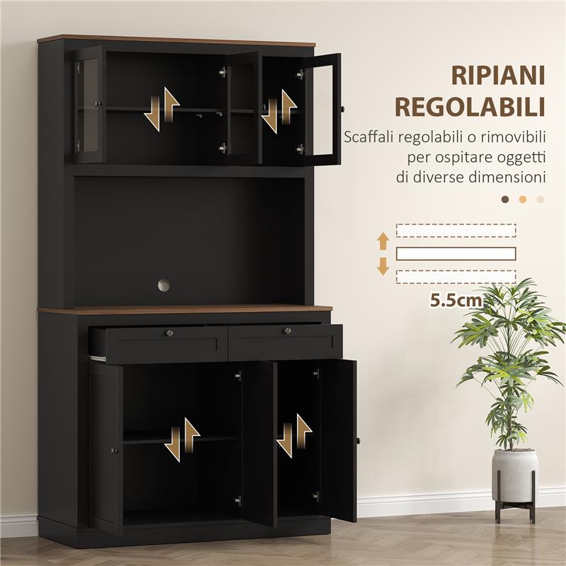 CREDENZA CUCINA ALTA CON 4 ARMADIETTI, 2 CASSETTI E PIANO CENTRALE, 100X40X180 CM, NERO