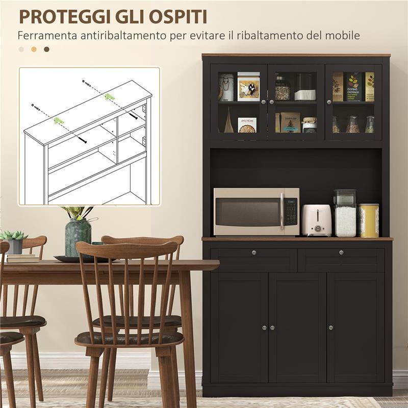 CREDENZA CUCINA ALTA CON 4 ARMADIETTI, 2 CASSETTI E PIANO CENTRALE, 100X40X180 CM, NERO