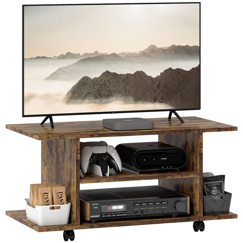 MOBILE PORTA TV MODERNO CON RIPIANI, RUOTE GIREVOLI E FRENI, 80X40X40 CM, MARRONE RUSTICO
