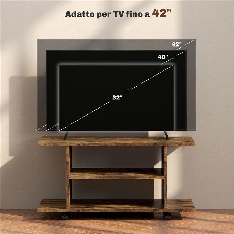 MOBILE PORTA TV MODERNO CON RIPIANI, RUOTE GIREVOLI E FRENI, 80X40X40 CM, MARRONE RUSTICO