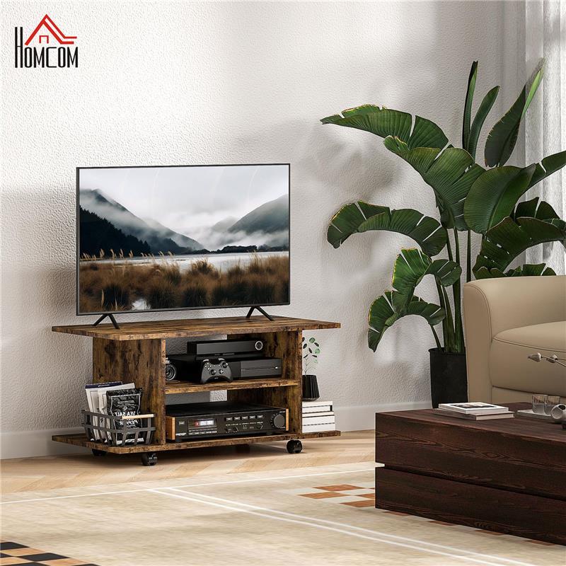 MOBILE PORTA TV MODERNO CON RIPIANI, RUOTE GIREVOLI E FRENI, 80X40X40 CM, MARRONE RUSTICO