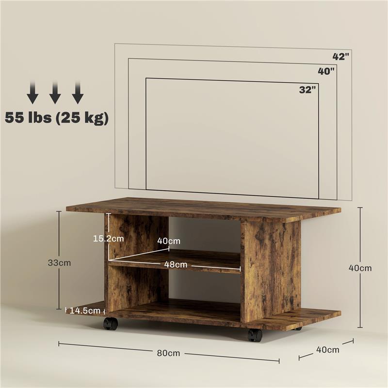 MOBILE PORTA TV MODERNO CON RIPIANI, RUOTE GIREVOLI E FRENI, 80X40X40 CM, MARRONE RUSTICO