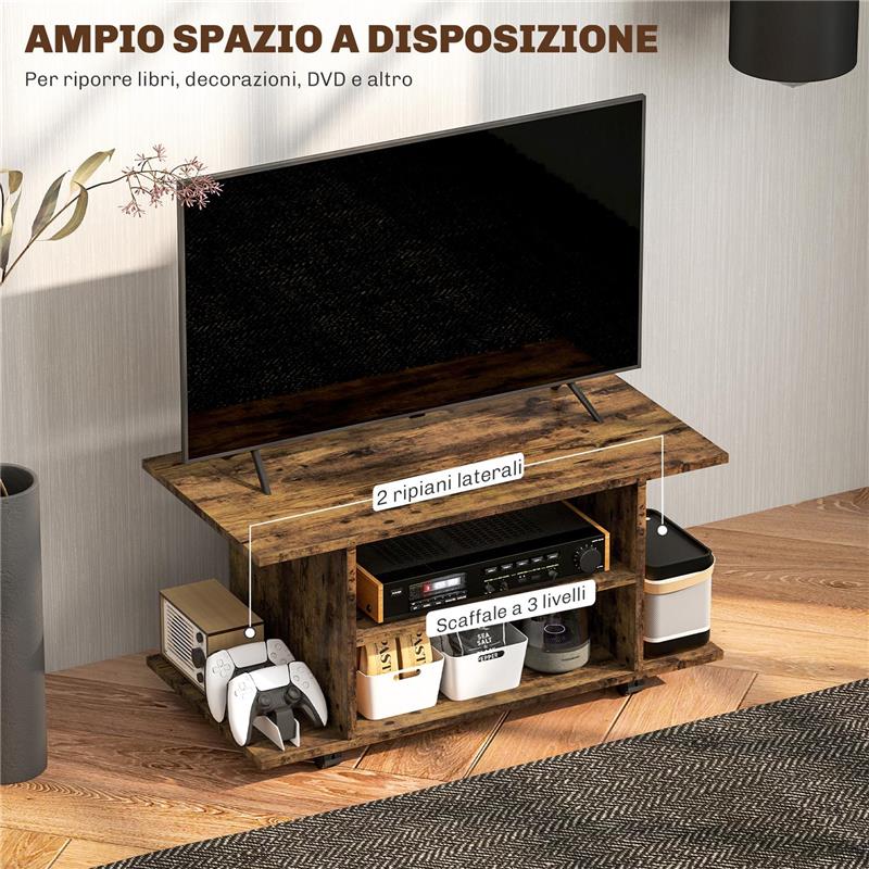 MOBILE PORTA TV MODERNO CON RIPIANI, RUOTE GIREVOLI E FRENI, 80X40X40 CM, MARRONE RUSTICO