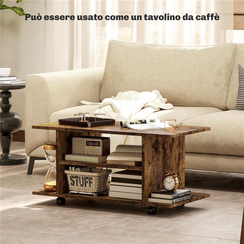 MOBILE PORTA TV MODERNO CON RIPIANI, RUOTE GIREVOLI E FRENI, 80X40X40 CM, MARRONE RUSTICO