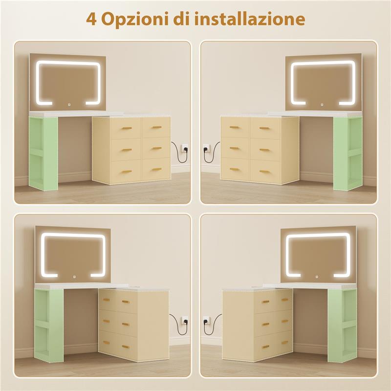 TOELETTA DA CAMERA CON SPECCHIO E LUCI LED REGOLABILI, 118 X 78 X 135 CM,  6 CASSETTI, 2 RIPIANI E PRESE ELETTRICHE, BIANCO