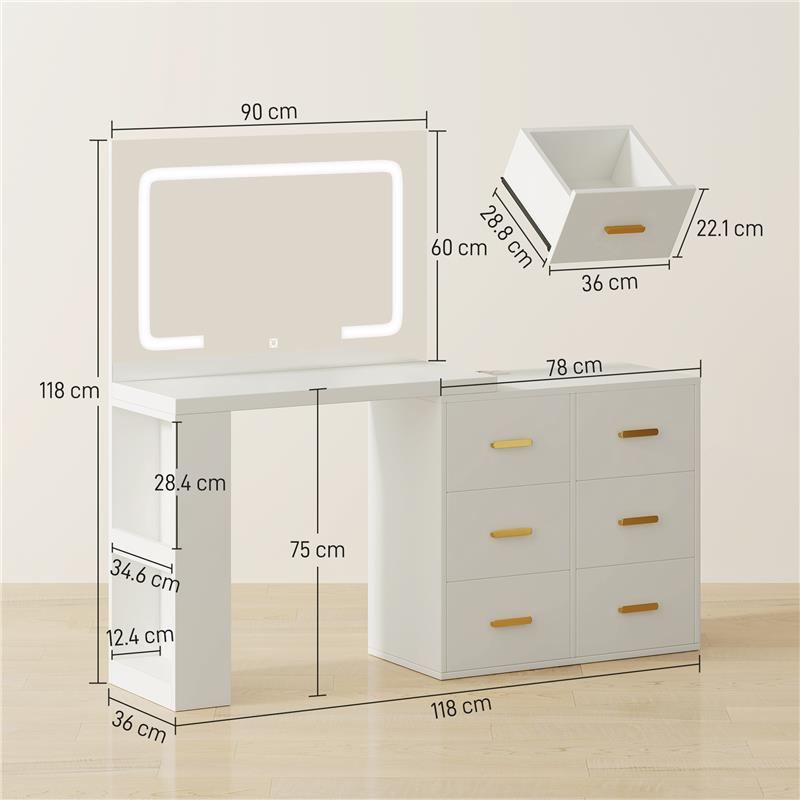 TOELETTA DA CAMERA CON SPECCHIO E LUCI LED REGOLABILI, 118 X 78 X 135 CM,  6 CASSETTI, 2 RIPIANI E PRESE ELETTRICHE, BIANCO