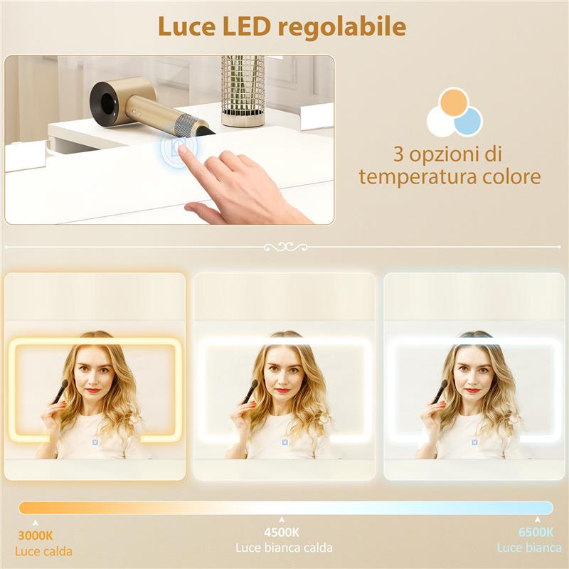 TOELETTA DA CAMERA CON SPECCHIO E LUCI LED REGOLABILI, 118 X 78 X 135 CM,  6 CASSETTI, 2 RIPIANI E PRESE ELETTRICHE, BIANCO