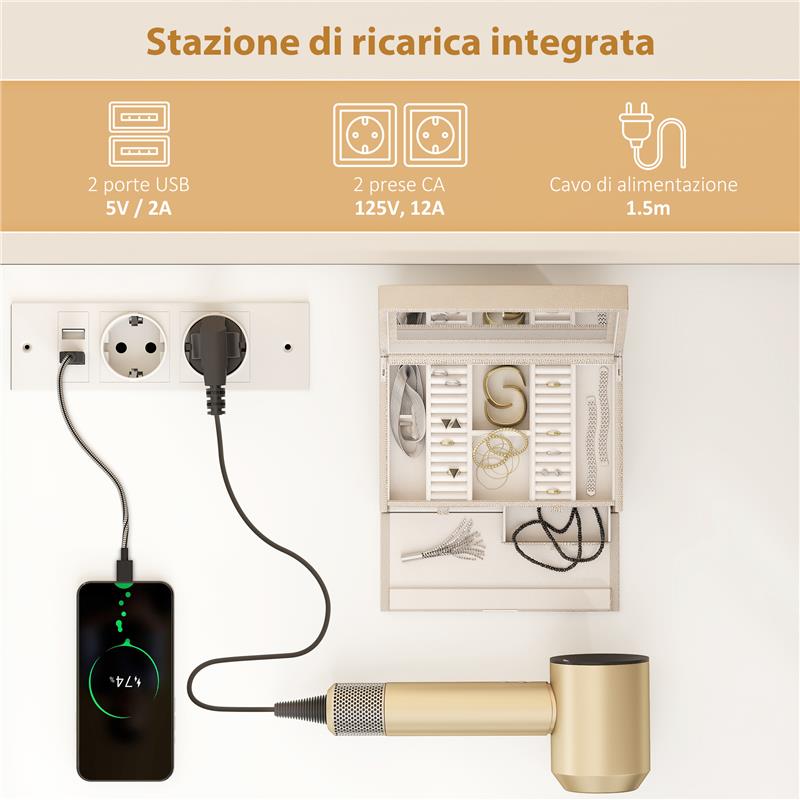 TOELETTA DA CAMERA CON SPECCHIO E LUCI LED REGOLABILI, 118 X 78 X 135 CM,  6 CASSETTI, 2 RIPIANI E PRESE ELETTRICHE, BIANCO