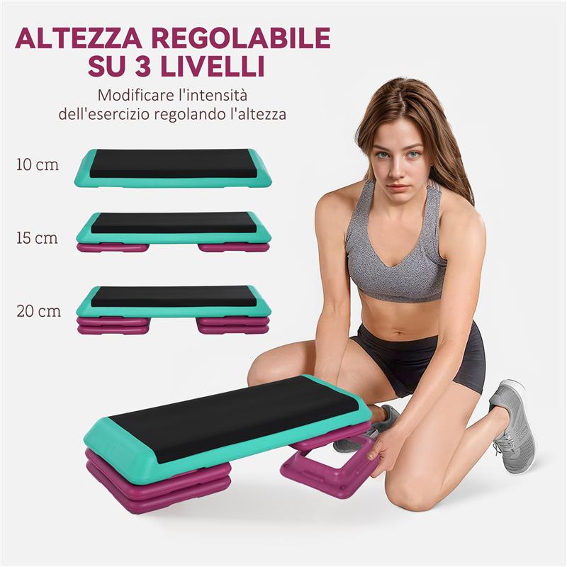 STEPPER PER AEROBICA ANTISCIVOLO E REGOLABILE SU 3 LIVELLI, IN PLASTICA E PP, 110X40X20 CM, MULTICOLORE