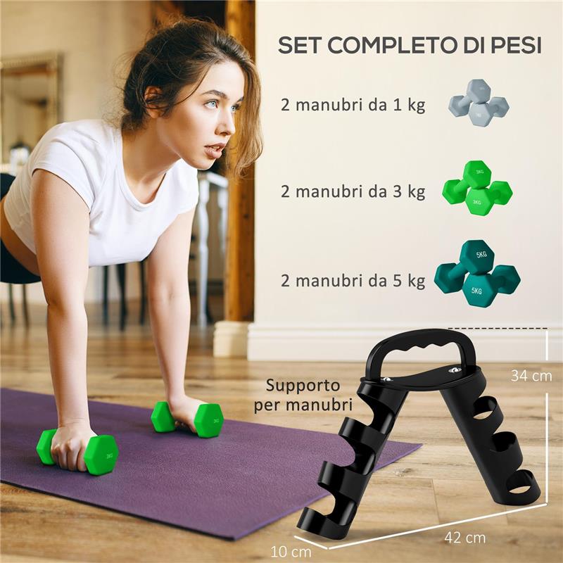 SET MANUBRI CON SUPPORTO, 3 COPPIE DI PESI DA 2 X 1 KG, 2 X 3 KG, 2 X 5 KG, MULTICOLORE