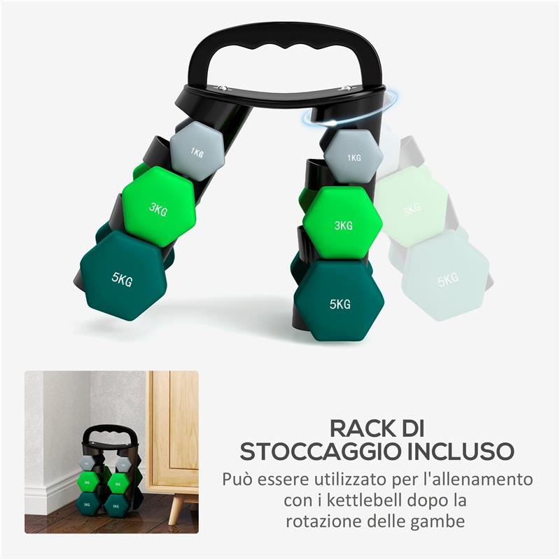 SET MANUBRI CON SUPPORTO, 3 COPPIE DI PESI DA 2 X 1 KG, 2 X 3 KG, 2 X 5 KG, MULTICOLORE
