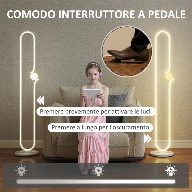 LAMPADA DA TERRA A LED A FORMA DI NOTA MUSICALE CON LUMINOSITÓ REGOLABILE E PEDALE, 28X28X145 CM, BIANCO