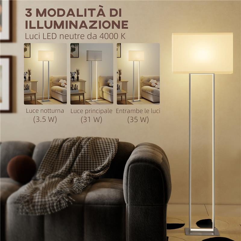 LAMPADA DA TERRA DA 150 CM CON 3 MODALITÓ, LUMINOSITÓ REGOLABILE E INTERRUTTORE A PEDALE, BIANCO