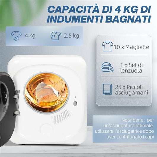 ASCIUGATRICE AD ARIA CARICO 4KG CON TIMER E PROGRAMMA SMART, IN ACCIAIO INOX E ABS, 48X40X56 CM, BIANCO