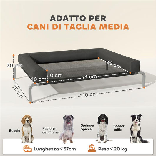 LETTINO PER CANI RIALZATO DI 19.5 CM CON CUSCINO A U, IN POLIESTERE E ACCIAIO, 110X75X30 CM, NERO E ARGENTO