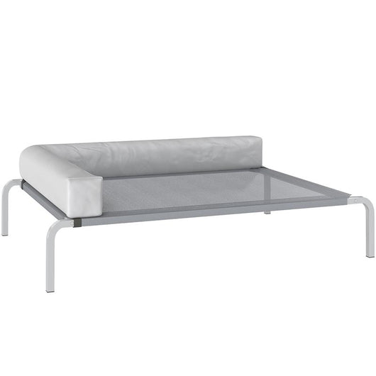 LETTINO PER CANI RIALZATO DI 20 CM CON CUSCINO A L, IN POLIESTERE E ACCIAIO, 110X75X30 CM, GRIGIO E ARGENTO