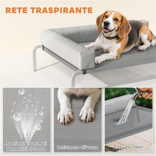 LETTINO PER CANI RIALZATO DI 20 CM CON CUSCINO A L, IN POLIESTERE E ACCIAIO, 110X75X30 CM, GRIGIO E ARGENTO