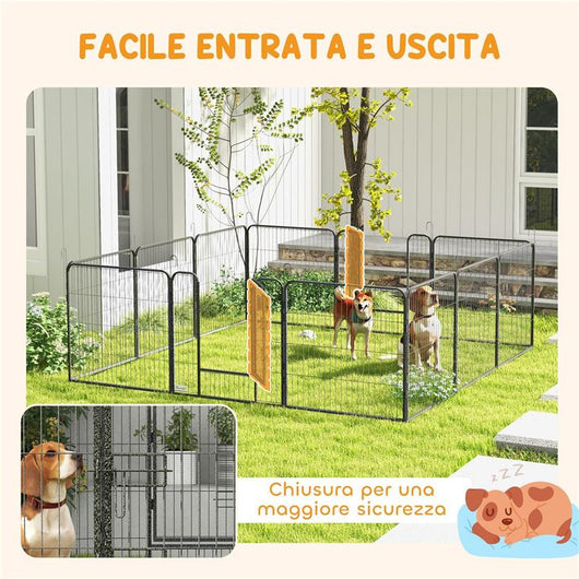 RECINTO PER CANI A 12 PANNELLI MODULABILI DA 80X1.5X80 CM, PIEGHEVOLE CON PORTA IN ACCIAIO, 12 PICCHETTI, GRIGIO