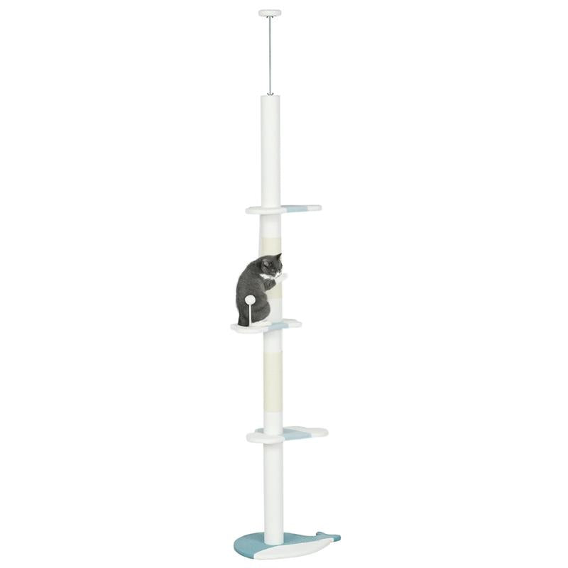 ALBERO TIRAGRAFFI PER GATTI A SOFFITTO CON PALO REGOLABILE DA 225-255 CM, PALLINA E PIATTAFORME, BIANCO