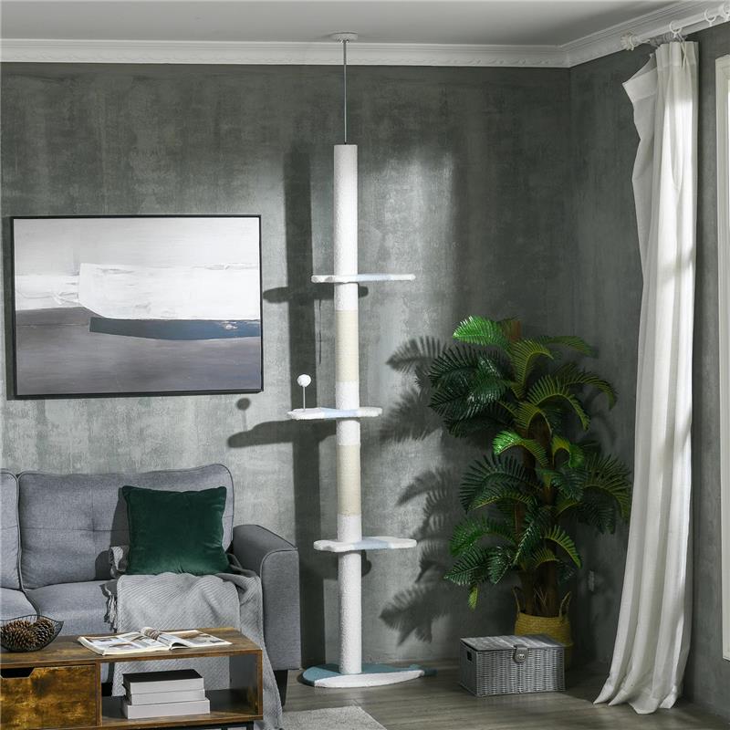 ALBERO TIRAGRAFFI PER GATTI A SOFFITTO CON PALO REGOLABILE DA 225-255 CM, PALLINA E PIATTAFORME, BIANCO