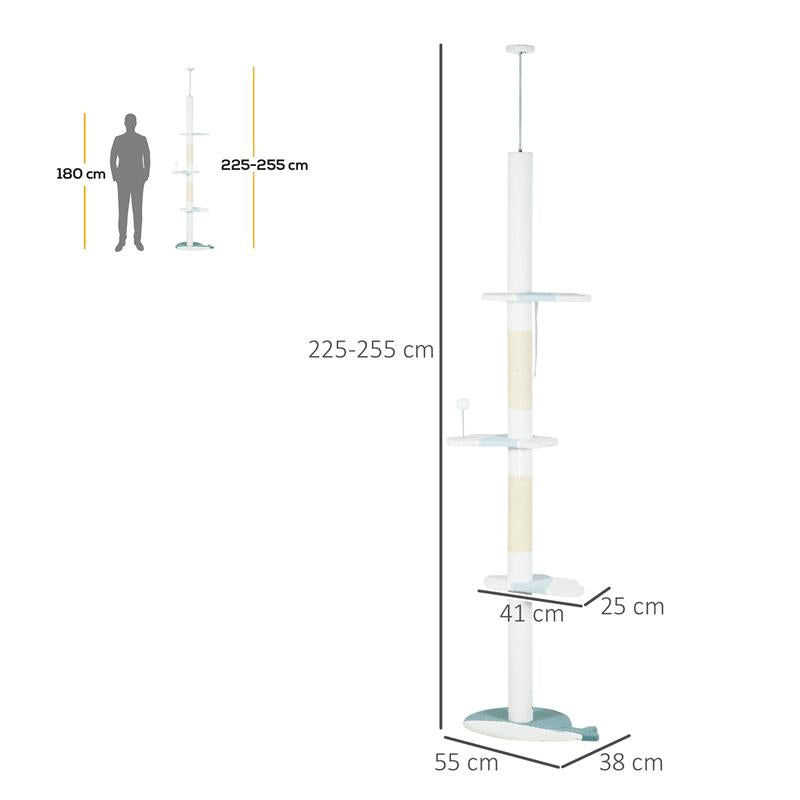 ALBERO TIRAGRAFFI PER GATTI A SOFFITTO CON PALO REGOLABILE DA 225-255 CM, PALLINA E PIATTAFORME, BIANCO