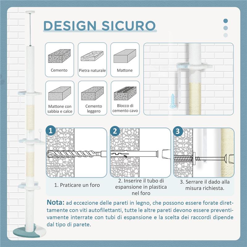 ALBERO TIRAGRAFFI PER GATTI A SOFFITTO CON PALO REGOLABILE DA 225-255 CM, PALLINA E PIATTAFORME, BIANCO