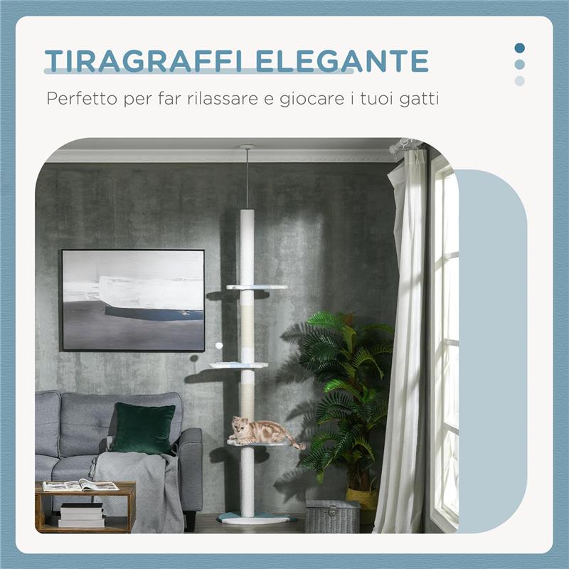 ALBERO TIRAGRAFFI PER GATTI A SOFFITTO CON PALO REGOLABILE DA 225-255 CM, PALLINA E PIATTAFORME, BIANCO